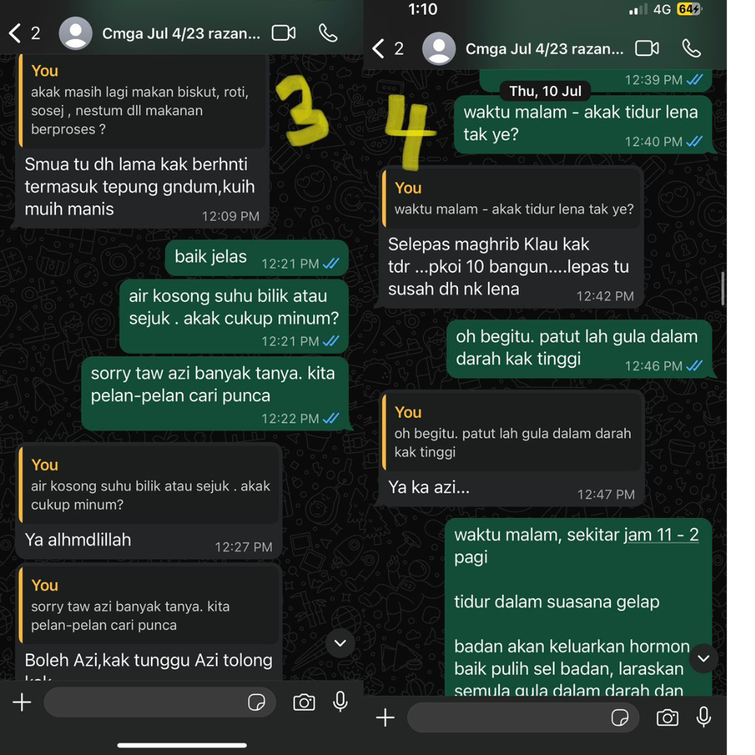 Screenshot WhatsApp conversation Kak Razani - dah berhenti makan makanan berproses